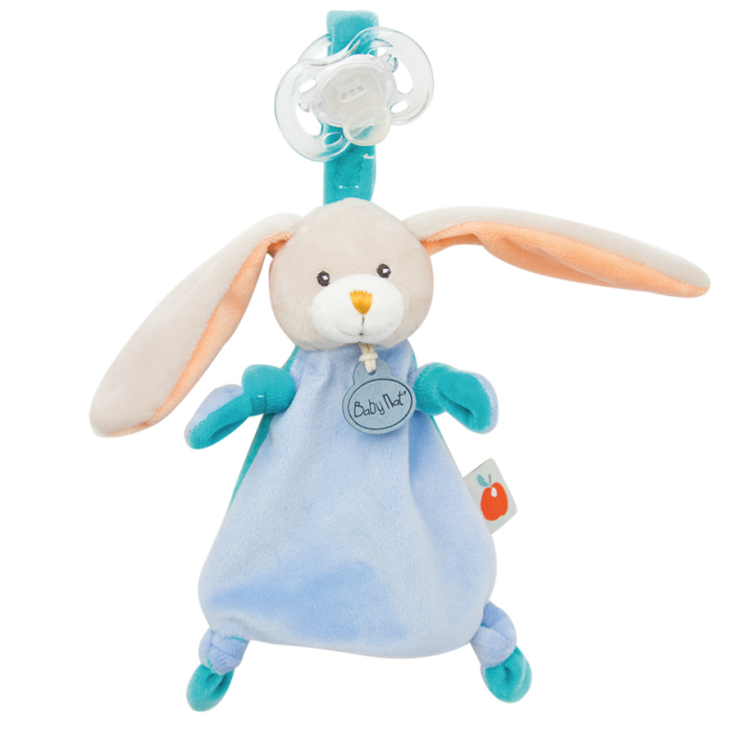 Pom lapin attache-sucette bleu orange pomme 